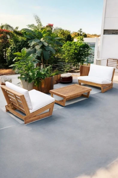 Zerka concept Conforlove Bahçe Masif Kestane Ahşap Koltuk Takımı 1+1+Sehpa Krem ürün görseli 1