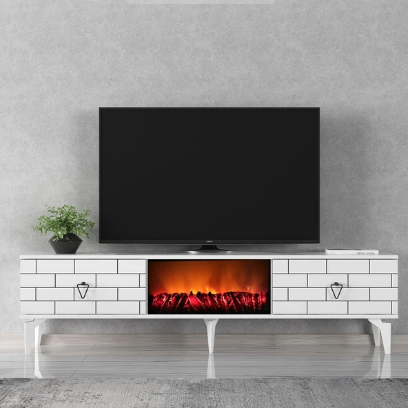 Zerka concept Volcanos Şömineli Tv Sehpası Tv Ünitesi Beyaz ürün görseli 1