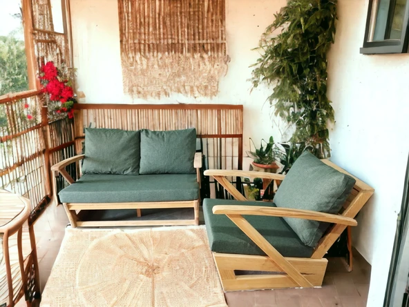 Zerka concept Monza Bahçe Balkon Masif Kestane Ahşap Kollu Koltuk - 2+1 Haki ürün görseli 1