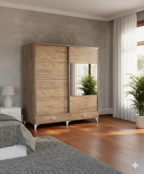 Zerka concept Güneş Sürgülü Dolap Çekmeceli Gardırop Çam 180 Cm ürün görseli 1