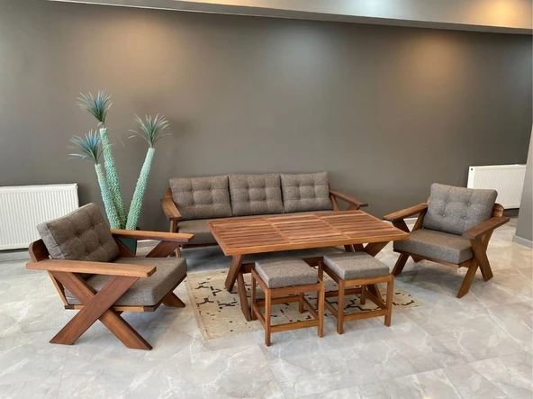 Zerka concept Matruşka Masif Ahşap Bahçe Balkon Koltuk Takımı Kestane Ağacı 3+1+1+Masa Takım Kahverengi ürün görseli 1