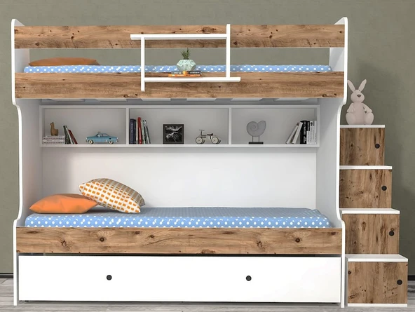 Zerka concept Napoli Yavrulu Seyyar Merdivenli Ranza Çam Beyaz M2 90 X 190 Cm ürün görseli 1