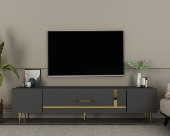 Zerka concept Şuşa Tv Sehpası Tv Ünitesi 150 Cm Antrasit Altın ürün görseli 1