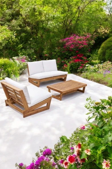 Zerka concept Conforlove Bahçe Balkon Masif Kestane Ahşap Koltuk 2+1+orta Sehpa Krem ürün görseli 1