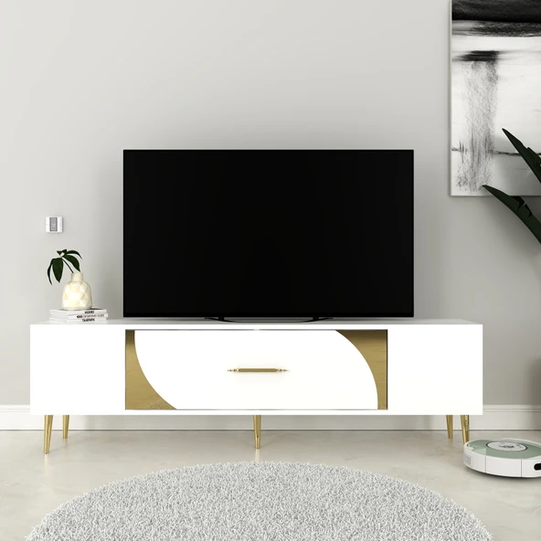Zerka concept Şeki Tv Sehpası Tv Ünitesi 150 Cm Beyaz Altın ürün görseli 1
