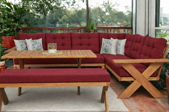 Zerka concept Berlin Masif Ahşap Bahçe Balkon Köşe Koltuk Takımı Kestane Ağacı Bordo - Masalı Ve Benchli Bordo ürün görseli 1