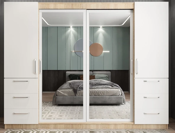 Zerka concept Bella Sürgü Kapaklı Dolap Gardırop Meşe Beyaz 208 CM - Ücretsiz Kurulum ürün görseli 1