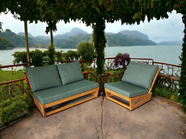 Zerka concept Nepal Bahçe Balkon Masif Kayın Ahşap Koltuk - 2+1 Haki Yeşil ürün görseli 1