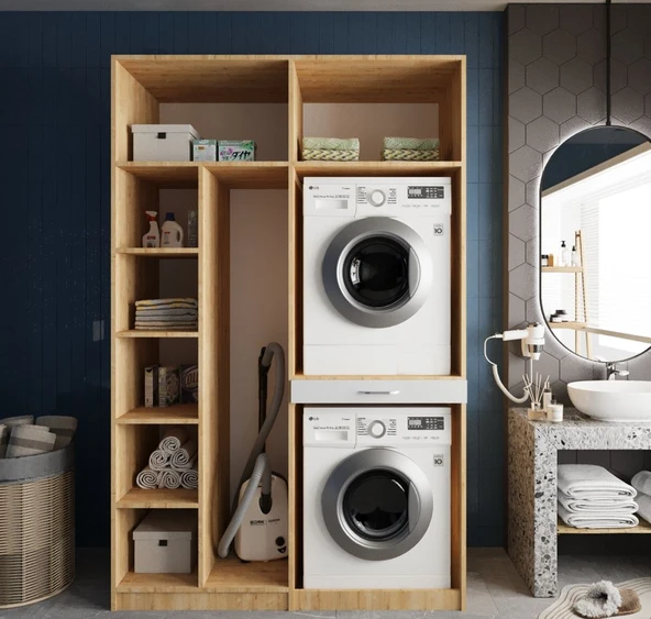 Zerka concept Megan Çamaşır Ve Kurutma Makinesi Dolabı Banyo Dolabı Meşe Beyaz Meşe Beyaz ürün görseli 1
