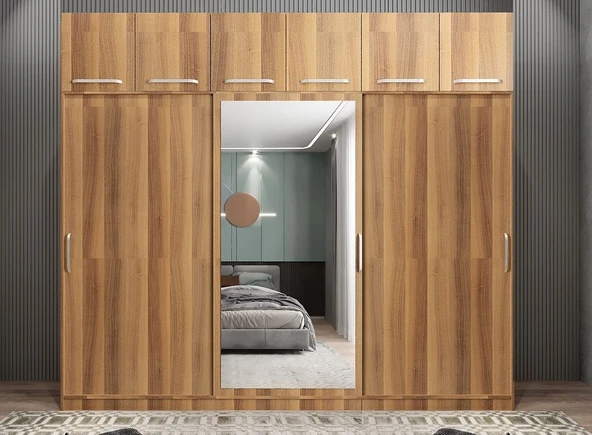 Zerka concept Runa Sürgü Kapaklı Gardırop Yüklüklü Ceviz 240cm ürün görseli 1