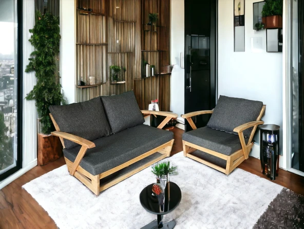 Zerka concept Monza Bahçe Balkon Masif Kestane Ahşap Kollu Koltuk- 2+1 Antrasit ürün görseli 1