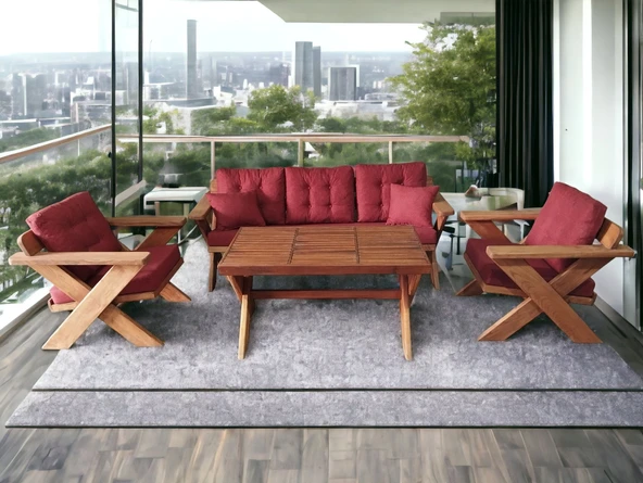 Zerka concept Berlin Masif Ahşap Koltuk Takımı Kestane Ağacı-3+1+1+masa B Kt Kırmızı ürün görseli 1