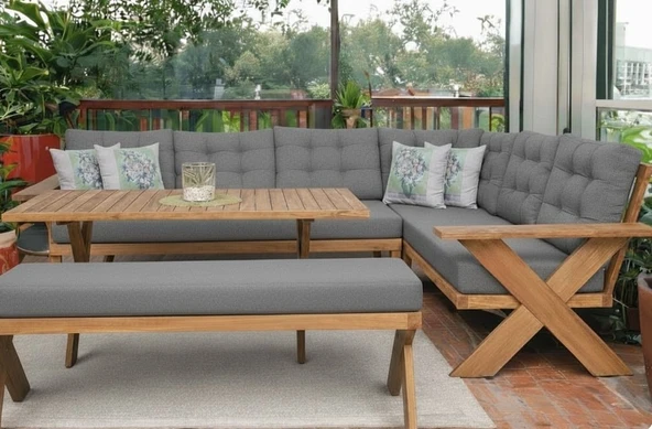 Zerka concept Berlin Masif Ahşap Bahçe Balkon Köşe Koltuk Takımı Kestane Ağacı Gri - Masalı Ve Benchli Gri ürün görseli 1