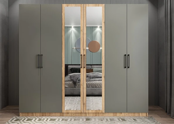 Zerka concept Kayra 6 Kapaklı Gardırop Dolap Çam Füme ürün görseli 1