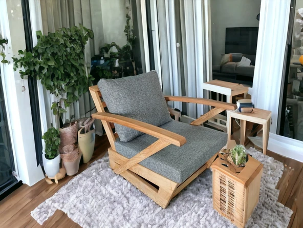 Zerka concept Monza Bahçe Masif Kestane Ahşap Kollu Koltuk - Tekli Koltuk Gri ürün görseli 1