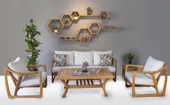 Zerka concept Firuze Ahşap Bahçe Balkon Kestane Ağacı 3+1+1 Koltuk Masa Takımı Krem ürün görseli 1