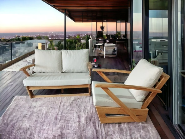 Zerka concept Monza Bahçe Balkon Masif Kestane Ahşap Kollu Koltuk - 2+1 Krem ürün görseli 1