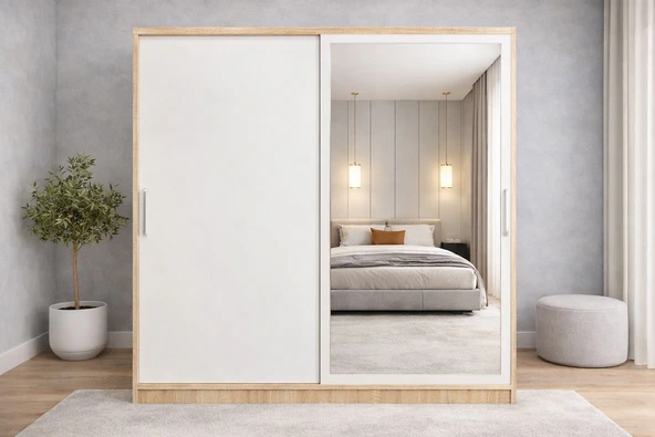 Zerka concept Zen Sürgü Kapaklı Dolap Gardırop Meşe Beyaz 180cm - Montaj Dahil ürün görseli 1