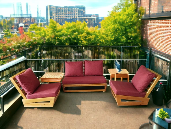 Zerka concept Nepal Bahçe Balkon Masif Kayın Ahşap Koltuk Takımı - 2+1+1 Bordo ürün görseli 1