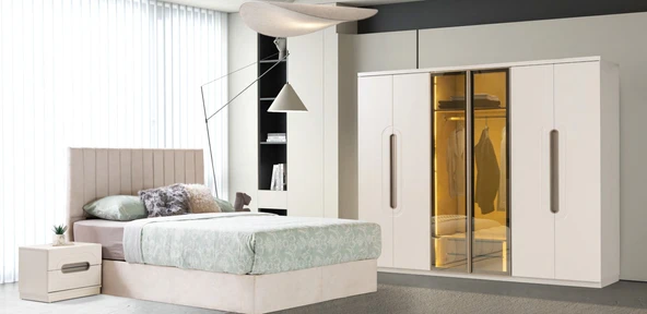 Zerka concept Fiabella Mdf Membran 6 Kapaklı Reflekte Camlı Gardırop ve Yatak Odası Takımı ürün görseli 1