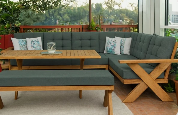Zerka concept Berlin Masif Ahşap Bahçe Balkon Köşe Koltuk Takımı Kestane Ağacı Haki - Masalı Ve Benchli Haki ürün görseli 1