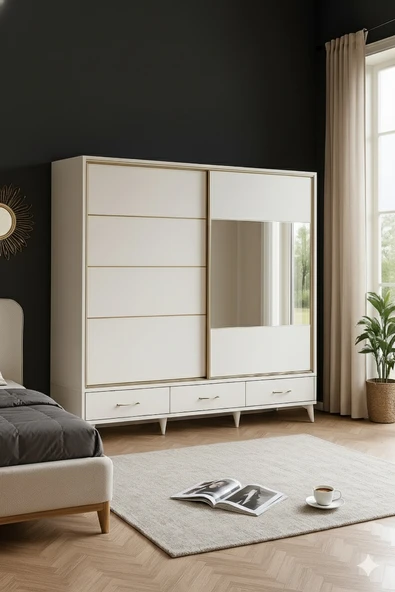 Zerka concept Güneş Sürgülü Dolap Çekmeceli Gardırop Beyaz 200 Cm ürün görseli 1
