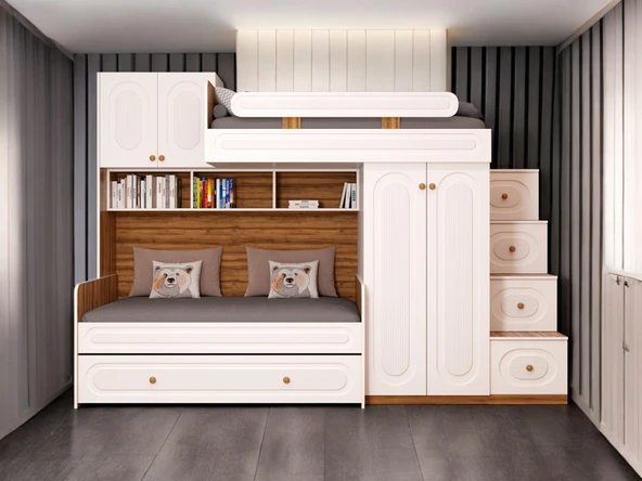 Zerka concept Viola Komple Mdf Membran Dolaplı Yavrulu Ranza Ceviz Beyaz 190 x 90 ürün görseli 1