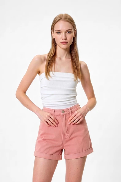Kadın Yüksek Bel Paçası Katlı Pembe Mom Jean Şort ürün görseli 1