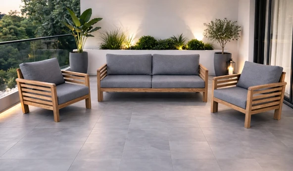 Zerka concept Valeri Masif Ahşap Bahçe Balkon Koltuk Takımı Kestane Ağacı - 1 Adet İkili 2 Adet Tekli Gri Minderli Gri ürün görseli 1