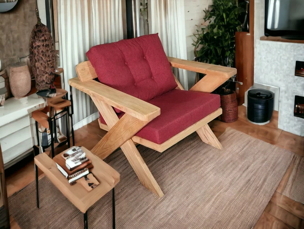 Zerka concept Berlin Masif Ahşap Kestane Ağacı - 1 Adet Tekli Koltuk Bordo A.t. ürün görseli 1