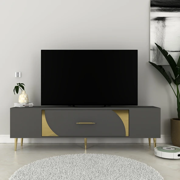 Zerka concept Şeki Tv Sehpası Tv Ünitesi 150 Cm Antrasit Altın ürün görseli 1