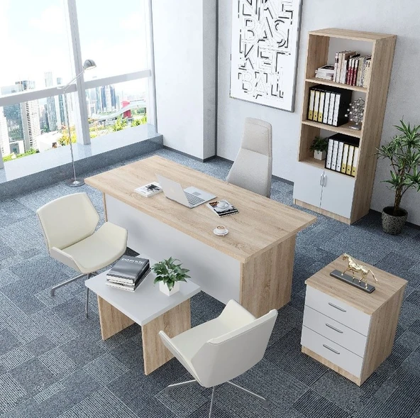 Zerka concept Plus 4'lü Ofis Takımı  Model 7 Meşe Beyaz ürün görseli 1