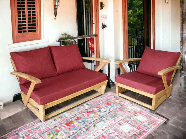 Zerka concept Monza Bahçe Balkon Masif Kestane Ahşap Kollu Koltuk - 2+1 Bordo ürün görseli 1