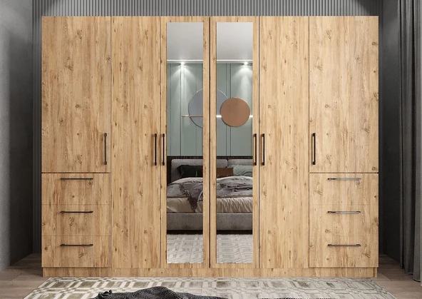 Zerka concept Zeren 6 Kapaklı Çekmeceli Gardırop Dolap Çam 240 Cm ürün görseli 1