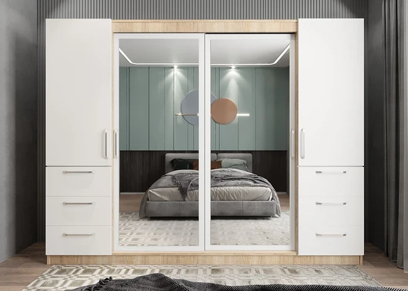 Zerka concept Bella Sürgü Kapaklı Dolap Gardırop Meşe Beyaz 270cm- Montaj Dahil ürün görseli 1