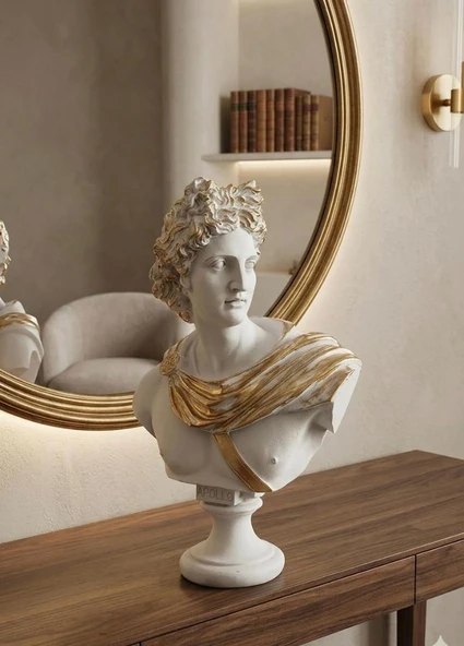 Dekoratif Apollo Büst Biblo – Antik Yunan Heykel Tarzı, Erkek Model Biblo Gold Detaylı Lüks Salon Konsol Süs Objesi ( polyester) ürün görseli 1