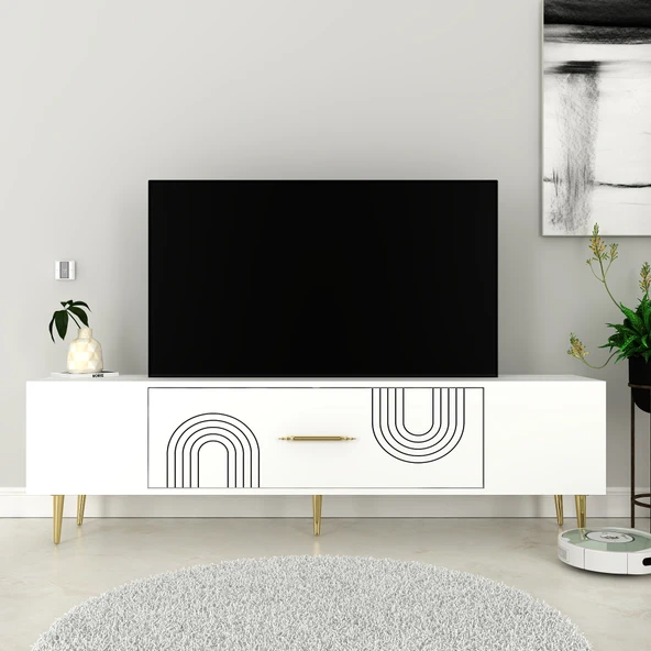 Zerka concept Valeria Tv Sehpası Tv Ünitesi 150 Cm Beyaz Altın ürün görseli 1