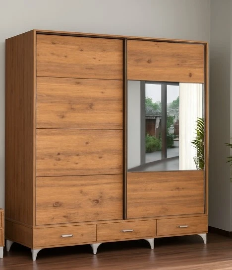 Zerka concept Güneş Sürgülü Dolap Çekmeceli Gardırop Çam 200 Cm ürün görseli 1