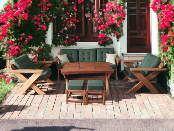 Zerka concept Berlin Masif Ahşap Koltuk Kestane Ağacı3+1+1+masa+puf Takımı H Kt Yeşil ürün görseli 1