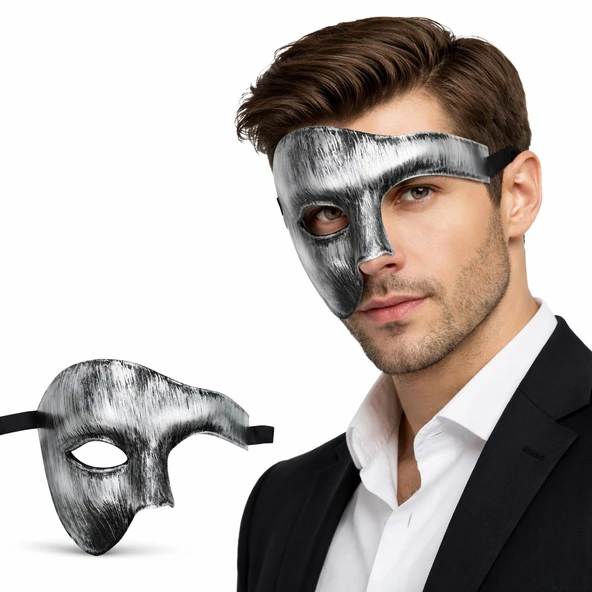 Antik Eskitme Gümüş Erkek Yarım Maske - Phantom & B Maskesi ürün görseli 1