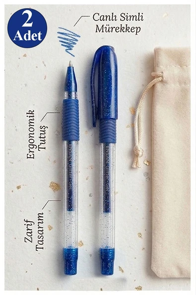 Mavi Simli Jel Kalem 1.0mm 2 Adet Akıcı Yazım Pensan Simli Jel Kalem Tükenmez Simli Kalem Simli Pilot Kalem Canlı ürün görseli 1