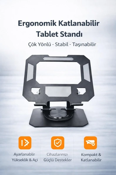 360 DÖNEBİLEN METAL TABLET TELEFON STANDI AYARLANABİLİR YÜKSEKLİK VE AÇI KATLANABİLİR KAYMAZ TABANLI ERGONOMİK TUTUCU ürün görseli 1