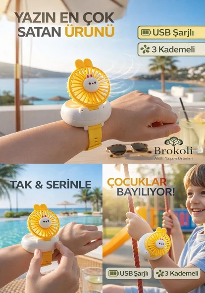 Avec Şarjli Bilek Fanı Soğutucu Vantilatör Usb 3 Kademeli Taşınabilir Vantilatör Fan Mini Fan Sarı ürün görseli 1