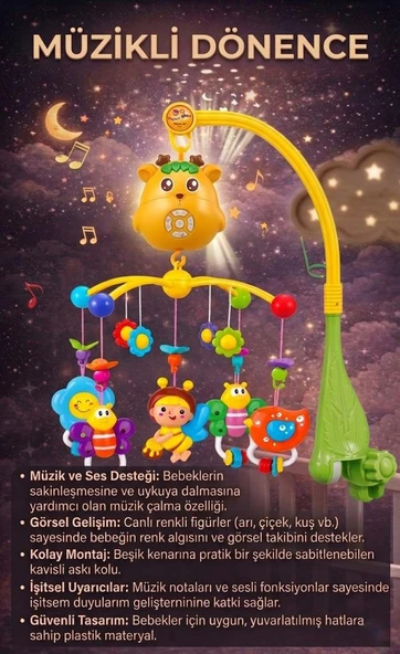 Işıklı Müzikli Sesli Kumanda Edilebilir Renkli Hayvan Figürlü Eğitici Oyuncak Beşik Dönencesi ürün görseli 1