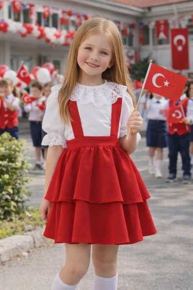 23 NİSAN KIZ ÇOCUK KISA KOL DETAYLI BAYRAMLIK SALOPET ETEKLİ TAKIM ürün görseli 1