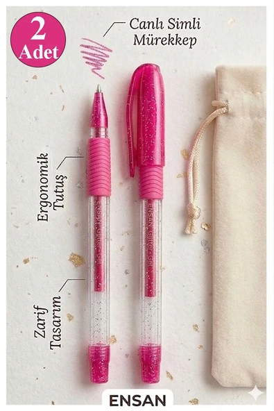 Pembe Simli Jel Kalem 1.0mm 2 Adet Akıcı Yazım Pensan Simli Jel Kalem Tükenmez Simli Kalem Simli Pilot Kalem Canlı ürün görseli 1