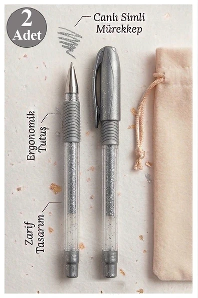 Gümüş Gri Simli Jel Kalem 1.0mm 2 Adet Akıcı Yazım Pensan Simli Jel Kalem Tükenmez Simli Kalem Simli Pilot Kalem Canlı ürün görseli 1