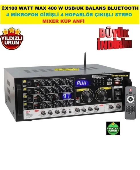 2X100 WATT MAX 400 W USB/UK BALANS BLUETOOTH 4 MİKROFON GİRİŞ 4 HOPARLÖR ÇIKIŞ STREO MIXER KÜP AMFİ ürün görseli 1