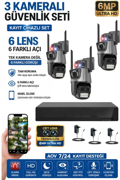 XPRO 3 Kamera 6 Lens Kablosuz WiFi Güvenlik Kamerası Seti  NVR Kayıt Cihazı Gece Görüşlü IP Kamera ürün görseli 1