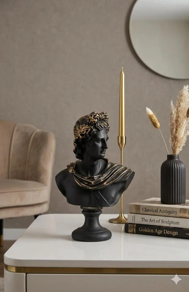 Dekoratif Apollo Büst Biblo – Antik Yunan Heykel Tarzı, Erkek Model Biblo Siyah Gold Detaylı Lüks Salon Konsol Süs Objesi ( polyester) ürün görseli 1